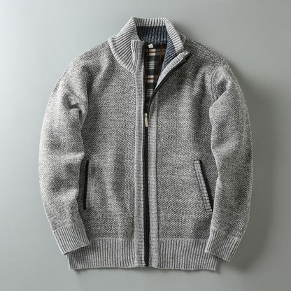Men Stand Collar Knitted Fleece-Lined Cardigan Coat