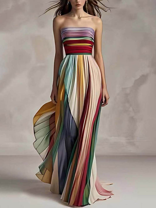 Pleated Bandeau Striped Maxi Dress