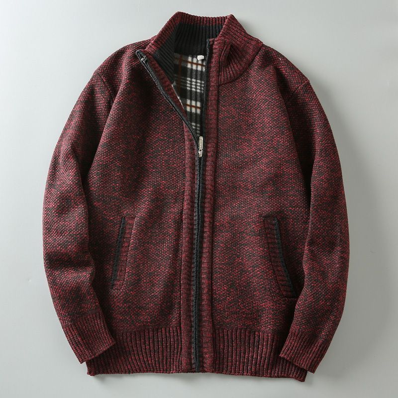 Men Stand Collar Knitted Fleece-Lined Cardigan Coat