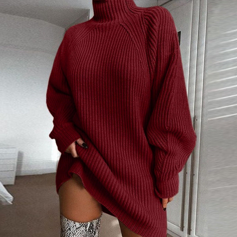 Knitted solid-color half-collared shoulder-sleeved dress