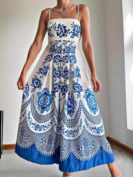 Smocked Floral Ethnic Print Midi Dress