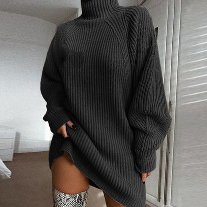 Knitted solid-color half-collared shoulder-sleeved dress