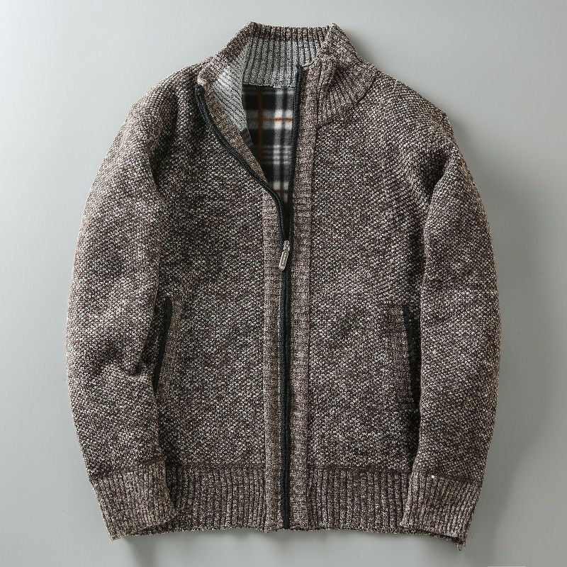 Men Stand Collar Knitted Fleece-Lined Cardigan Coat
