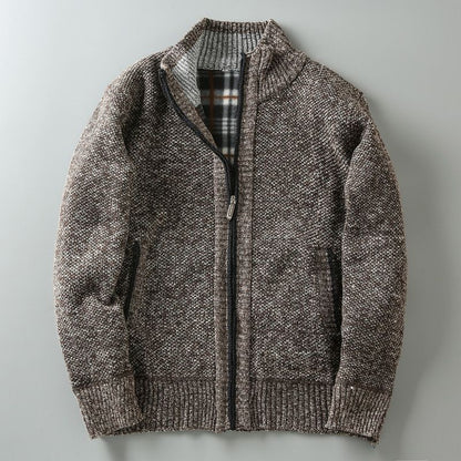 Men Stand Collar Knitted Fleece-Lined Cardigan Coat
