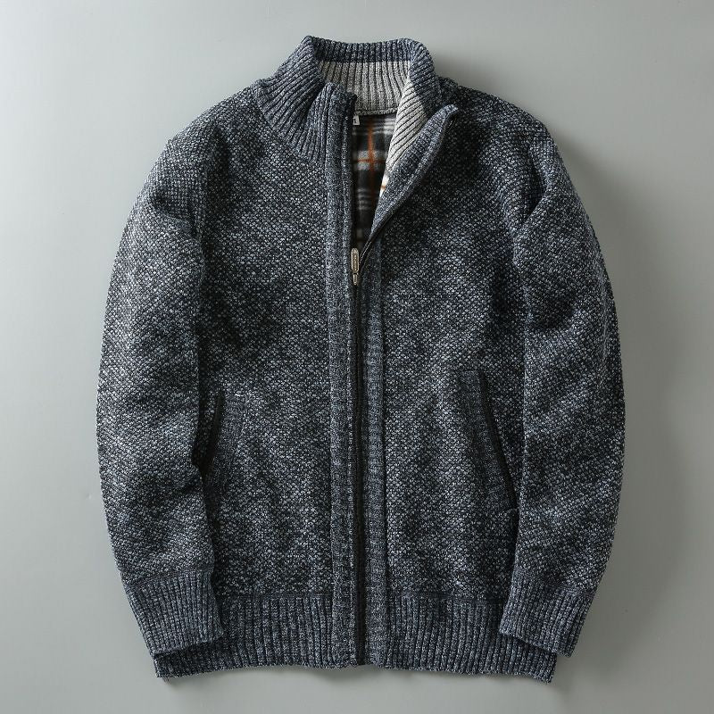 Men Stand Collar Knitted Fleece-Lined Cardigan Coat