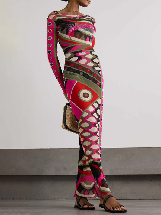 Abstract Bodycon Maxi Dress