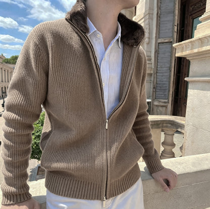 Men’s Fur Collar Knitted Cardigan