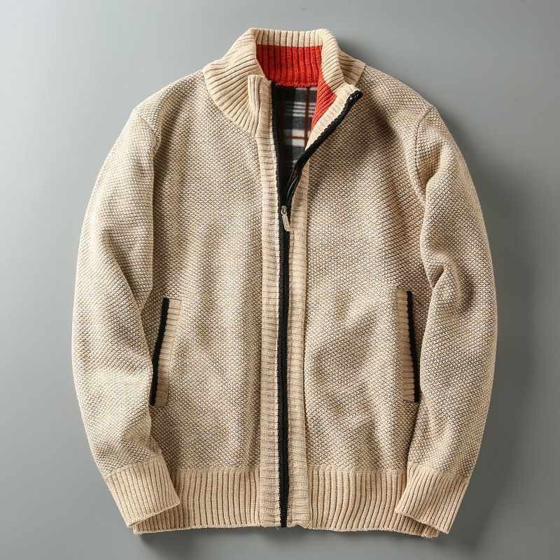 Men Stand Collar Knitted Fleece-Lined Cardigan Coat