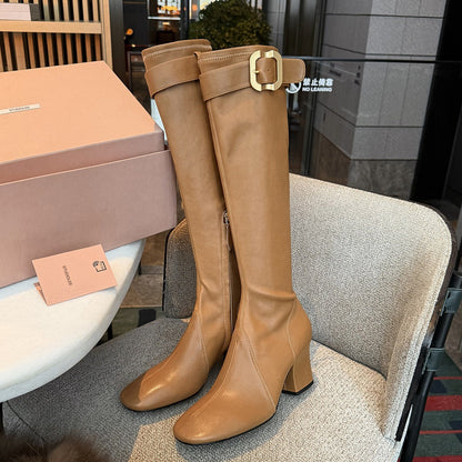 Women's Chunky Heel Knight Boots with Gold Buckle