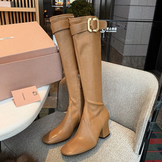 Women's Chunky Heel Knight Boots with Gold Buckle