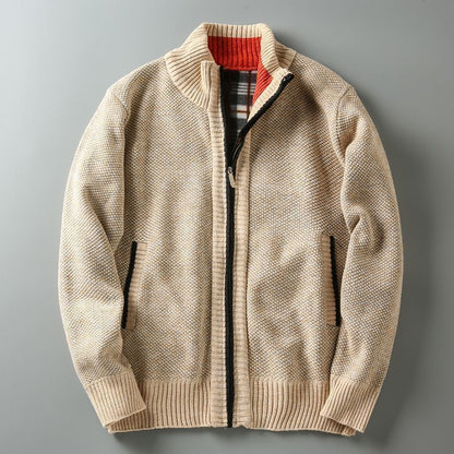 Men Stand Collar Knitted Fleece-Lined Cardigan Coat
