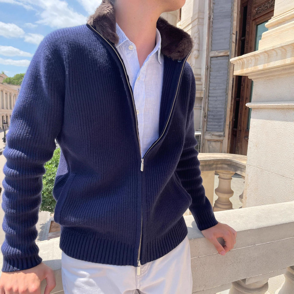 Men’s Fur Collar Knitted Cardigan