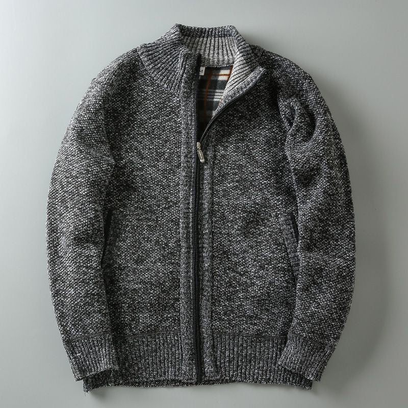 Men Stand Collar Knitted Fleece-Lined Cardigan Coat