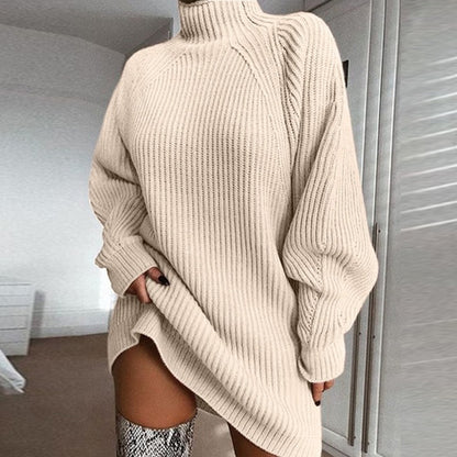 Knitted solid-color half-collared shoulder-sleeved dress