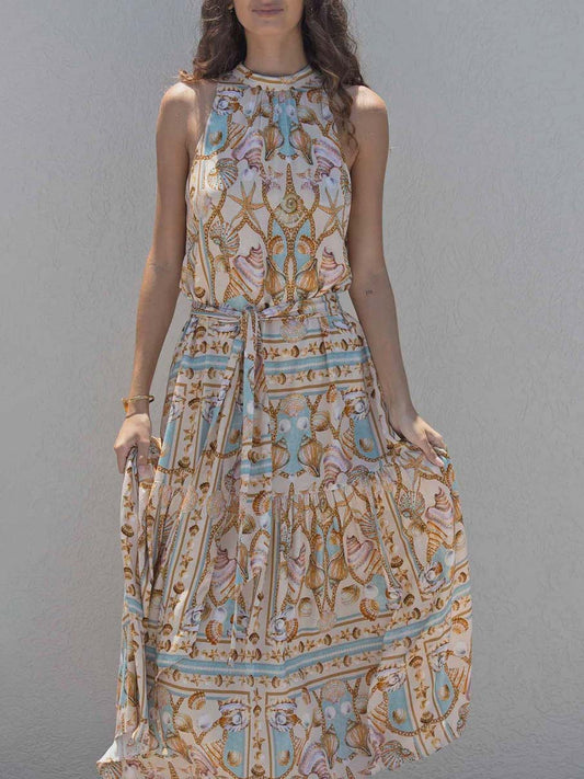 Ocean Print Satin Maxi Dress