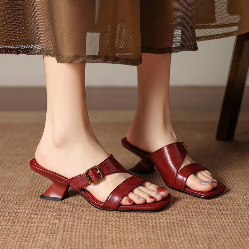 Leather Open Toe Mule Heels