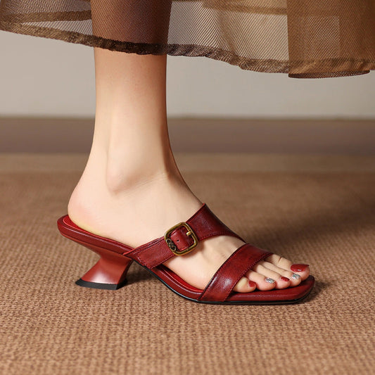 Leather Open Toe Mule Heels