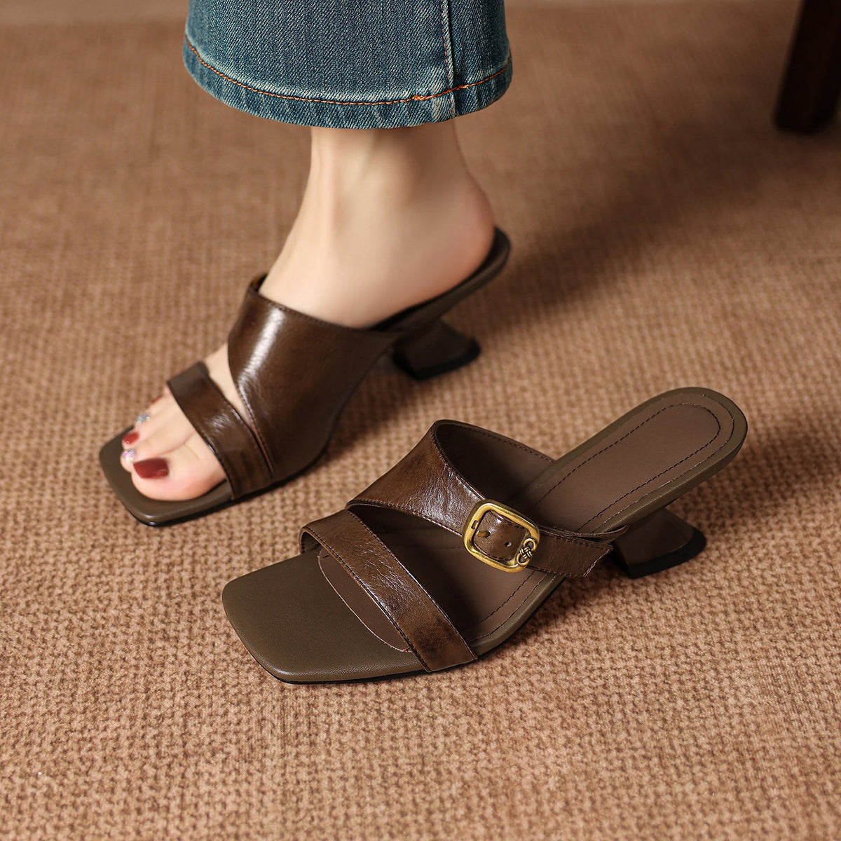 Leather Open Toe Mule Heels