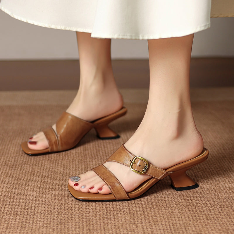 Leather Open Toe Mule Heels