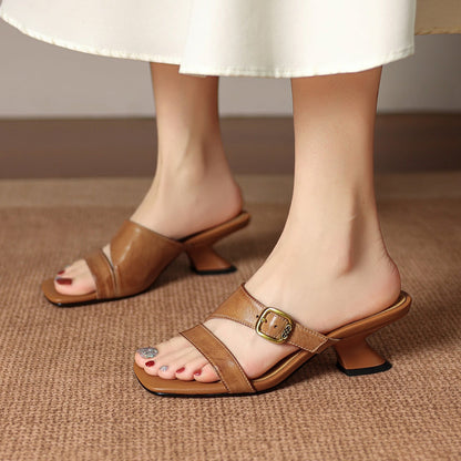 Leather Open Toe Mule Heels