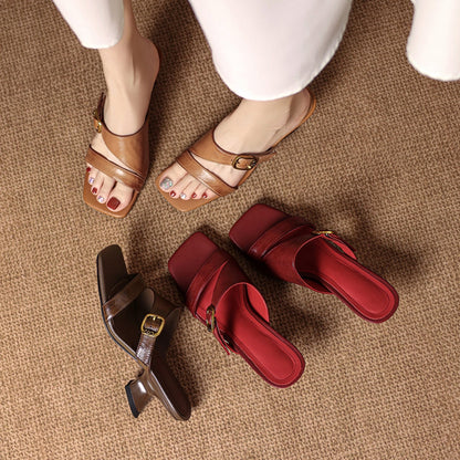 Leather Open Toe Mule Heels