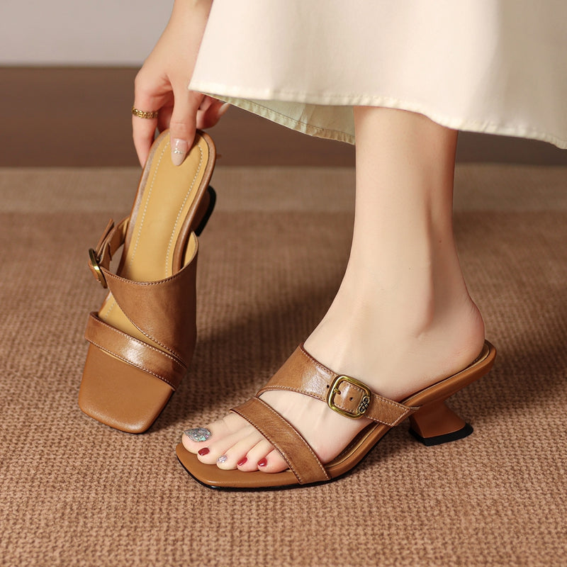 Leather Open Toe Mule Heels