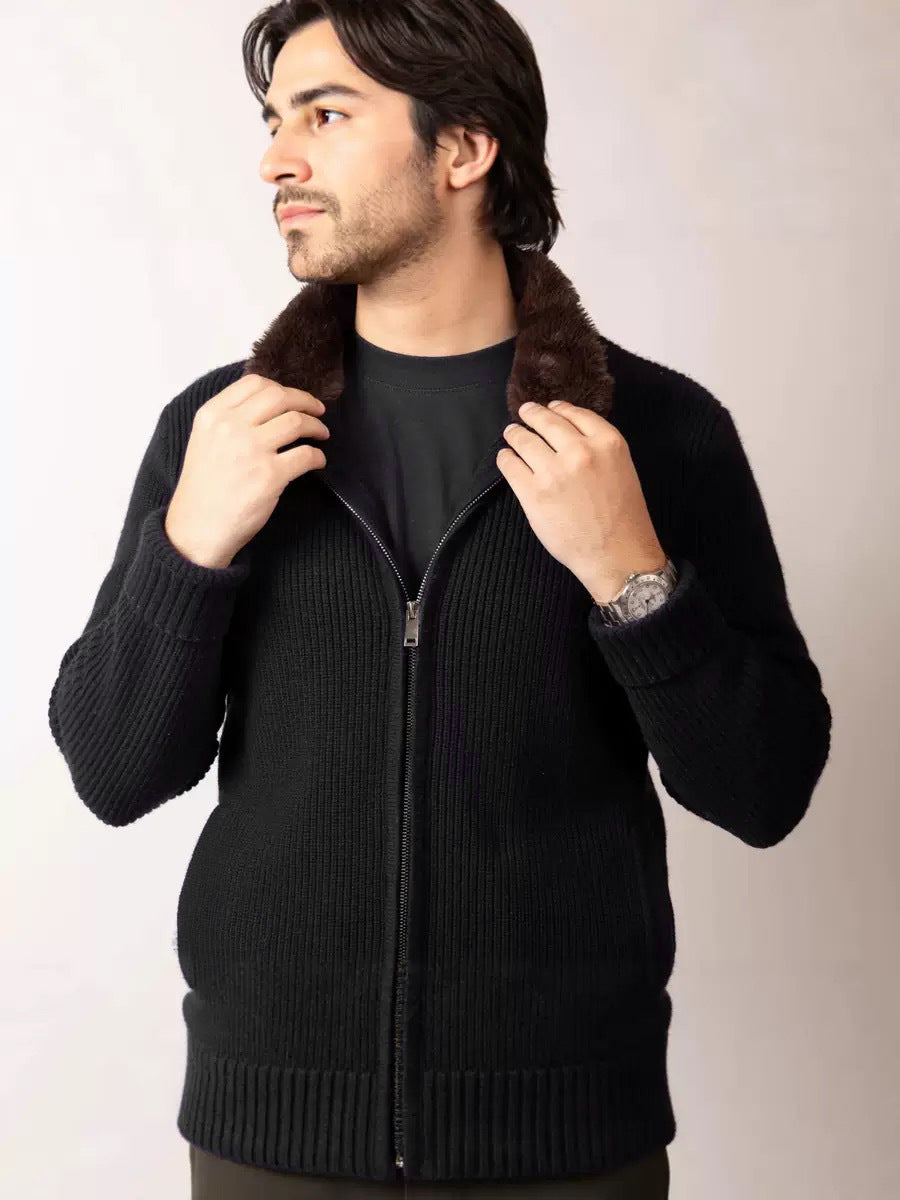 Men’s Fur Collar Knitted Cardigan