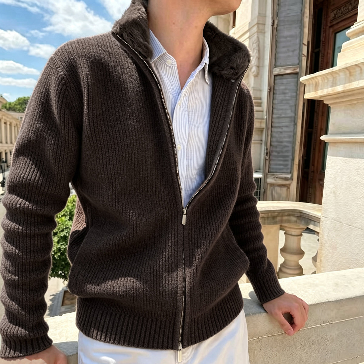 Men’s Fur Collar Knitted Cardigan