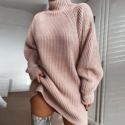 Knitted solid-color half-collared shoulder-sleeved dress
