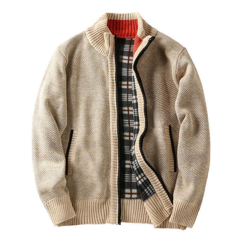 Men Stand Collar Knitted Fleece-Lined Cardigan Coat