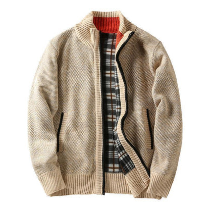 Men Stand Collar Knitted Fleece-Lined Cardigan Coat