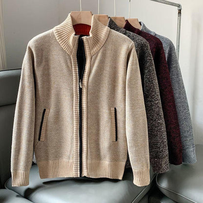 Men Stand Collar Knitted Fleece-Lined Cardigan Coat