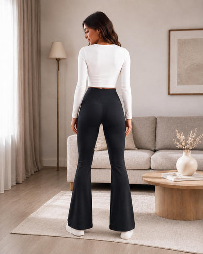 Women's black high waisted shaping flared leggings - back view