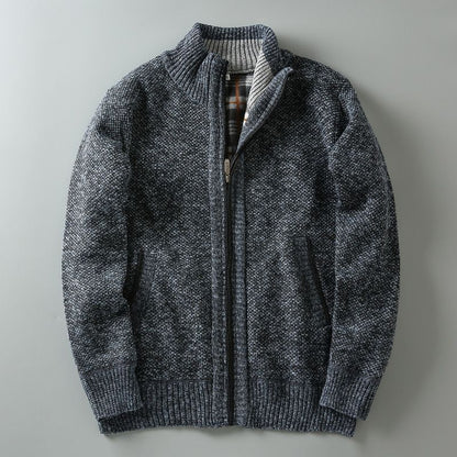 Men Stand Collar Knitted Fleece-Lined Cardigan Coat