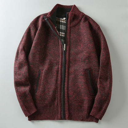 Men Stand Collar Knitted Fleece-Lined Cardigan Coat
