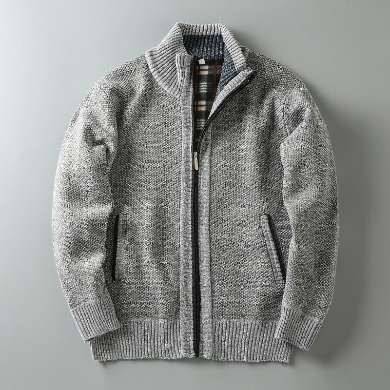 Men Stand Collar Knitted Fleece-Lined Cardigan Coat