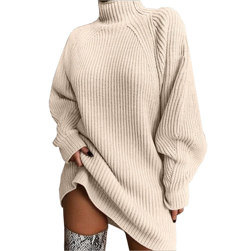 Knitted solid-color half-collared shoulder-sleeved dress