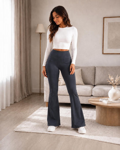 Women's grey high waisted shaping flared leggings - front view