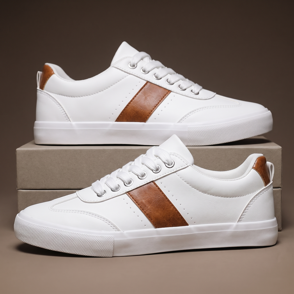 Men's white casual low-top sneakers with brown side detail