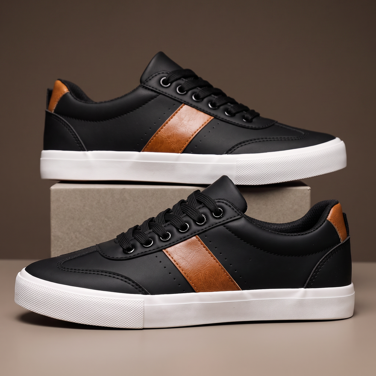 Men's black casual low-top sneakers with brown side detail