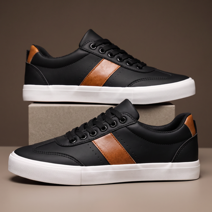 Men's black casual low-top sneakers with brown side detail