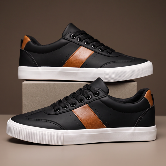 Men's black casual low-top sneakers with brown side detail