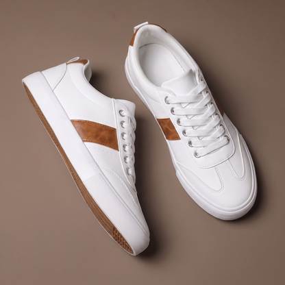 Men's white casual low-top sneakers with brown side detail - top view