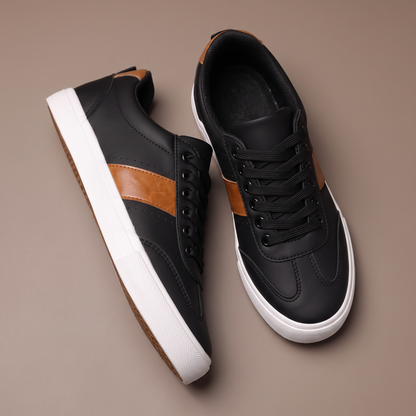 Men's black casual low-top sneakers with brown side detail - top view