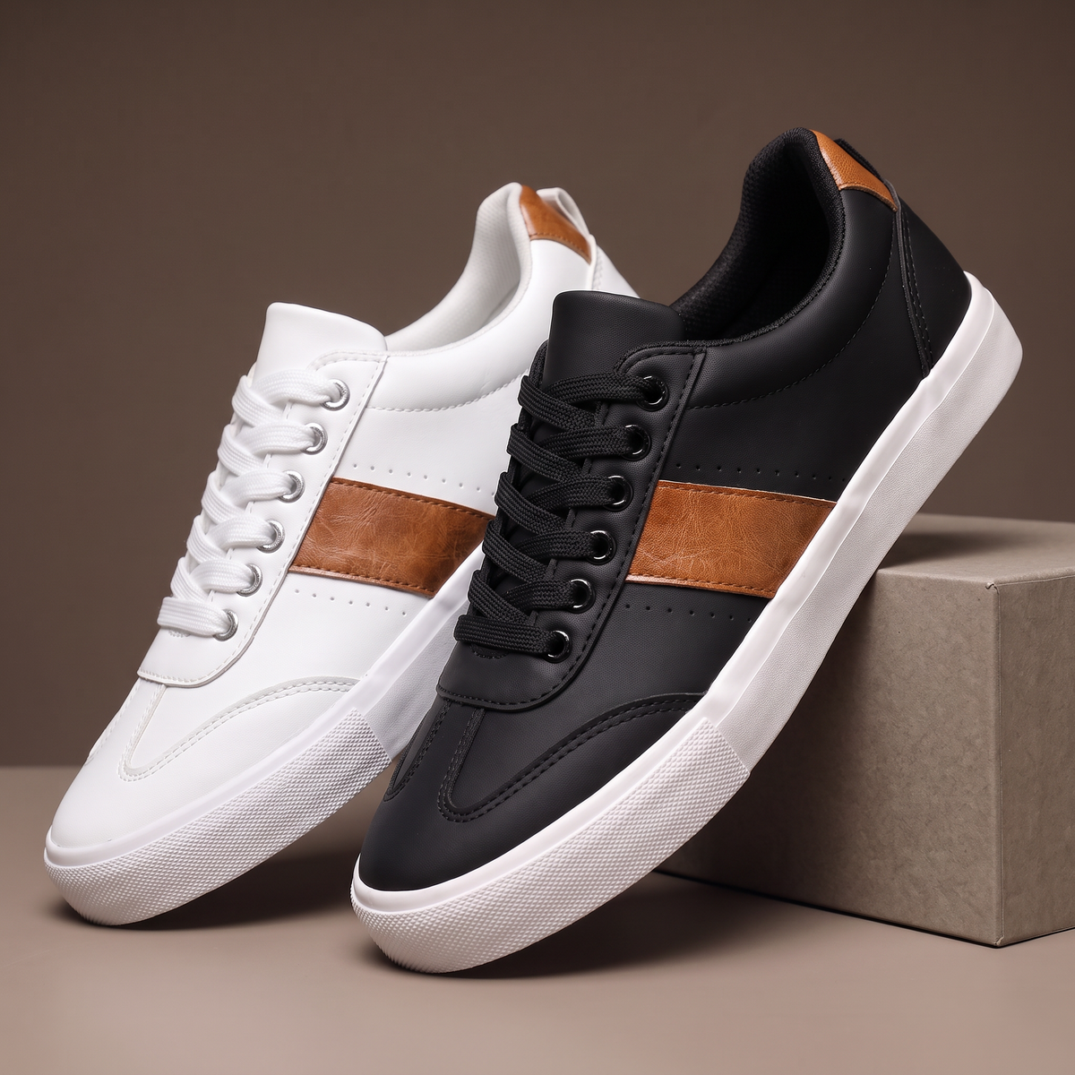 Men's black and white casual low-top sneakers with brown side detail